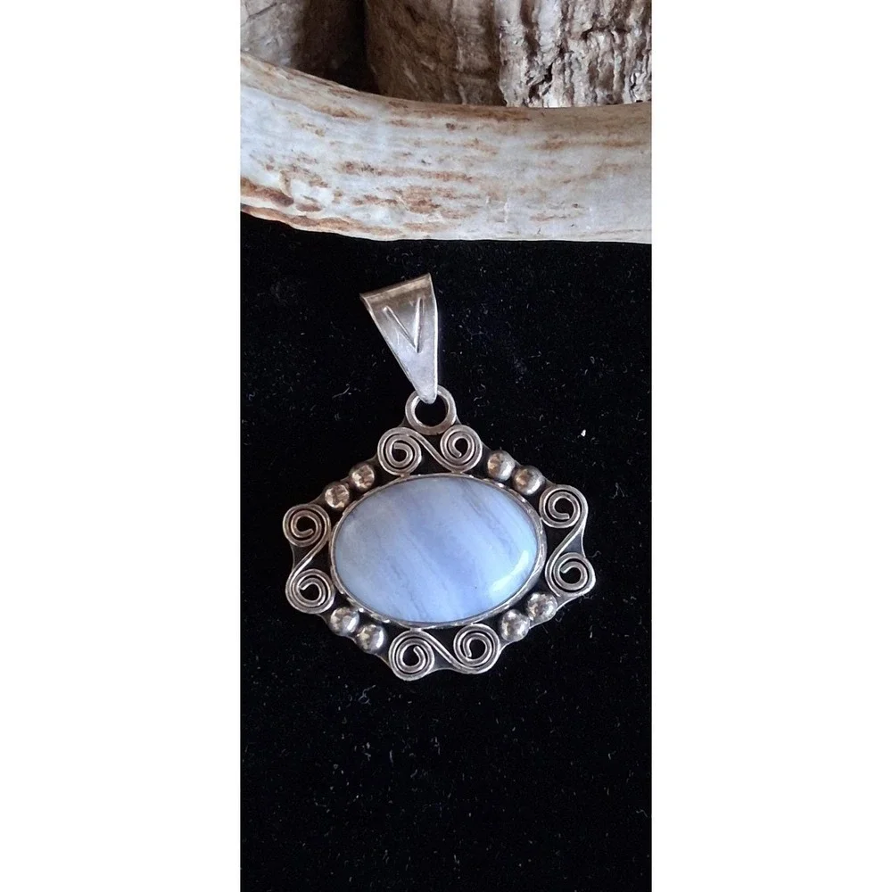 Sterling Silver CII Mexico Blue Lace Agate Pendant 925